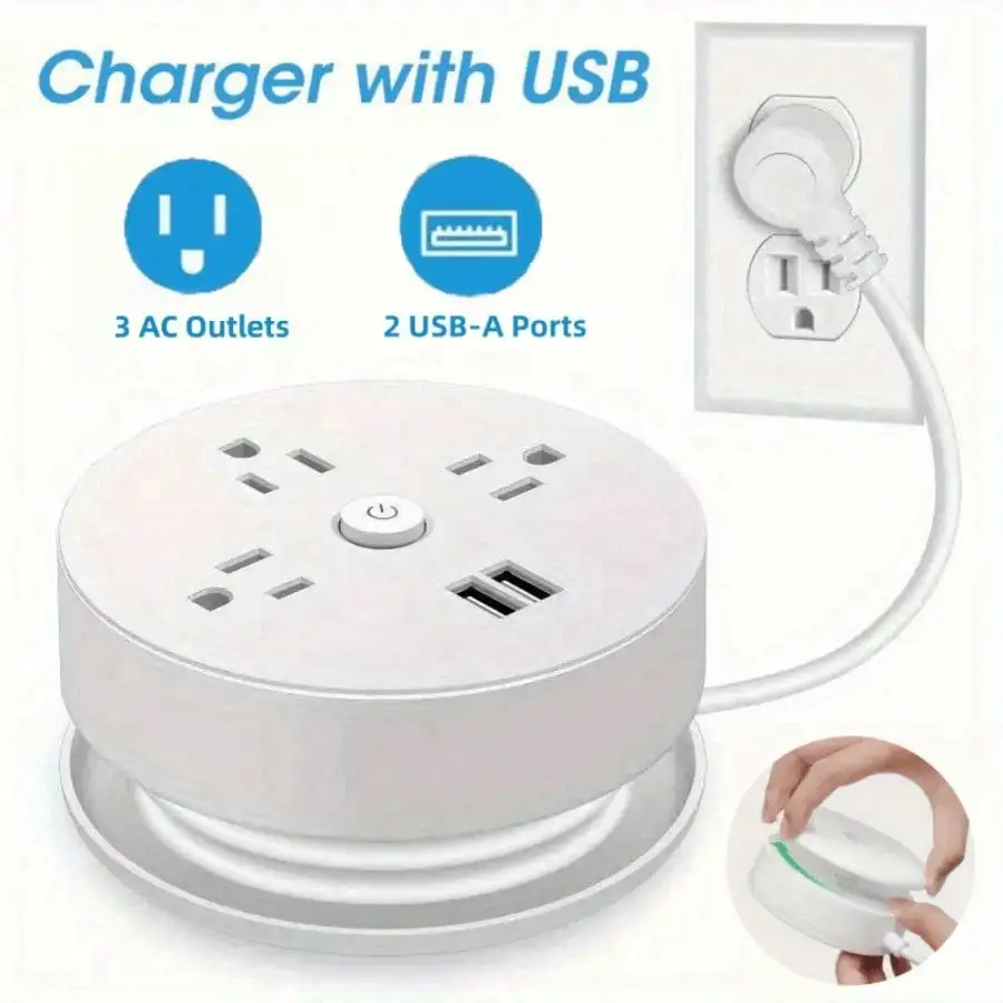 Retractable Extension Cord, Travel Power Strip with 3 AC Outlets, 2 USB Ports, Portable for Home, Office, and Hotel Use.
