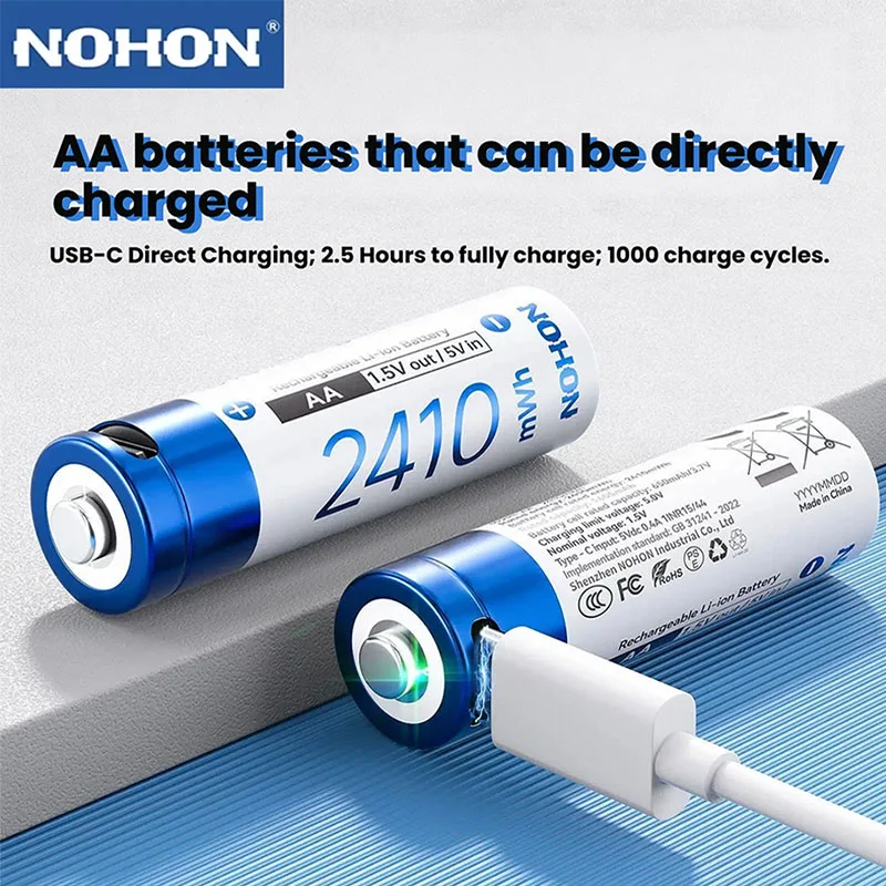 

NOHON AA Rechargeable Batteries with LED Charge Indicator and Charging Cable 2410mWh Original Battery 1.5V AA Lithium Batteries