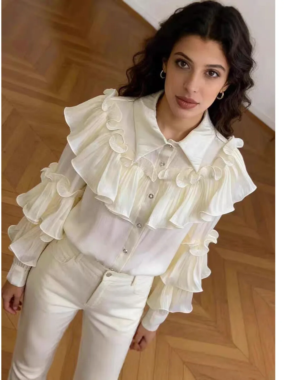

Slimming Effect Long Sleeve Collared Pure Color Blouse Splice Design Women's Shirt Korean Style Commute Fashion Loose Fit