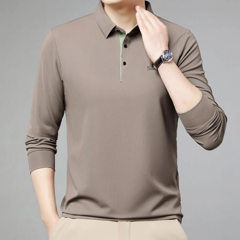 Middle Aged Men’s Long Sleeve Polo Shirt Natural Silk Blend Soft Touch Breathable Moisture Wicking Office Daily Wear