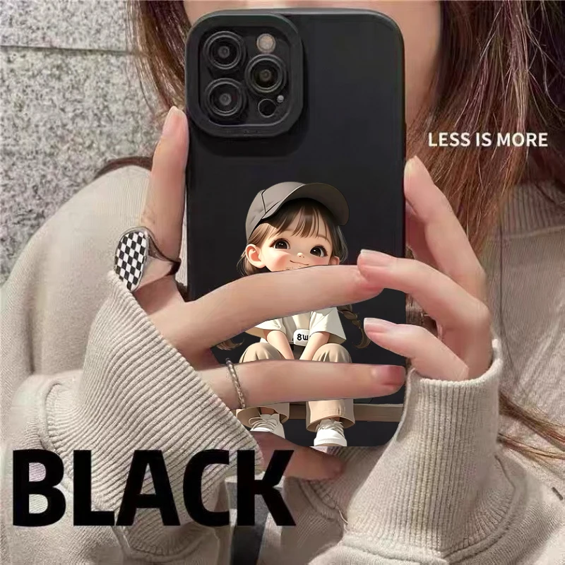 黒のダブルポニーテールの女の子のかわいいミニマリスト柄のスマホケース Xiaomi 14T 13T 12T Pro 11 Lite 5G 15 14 13用 ソフトバンパーカバー