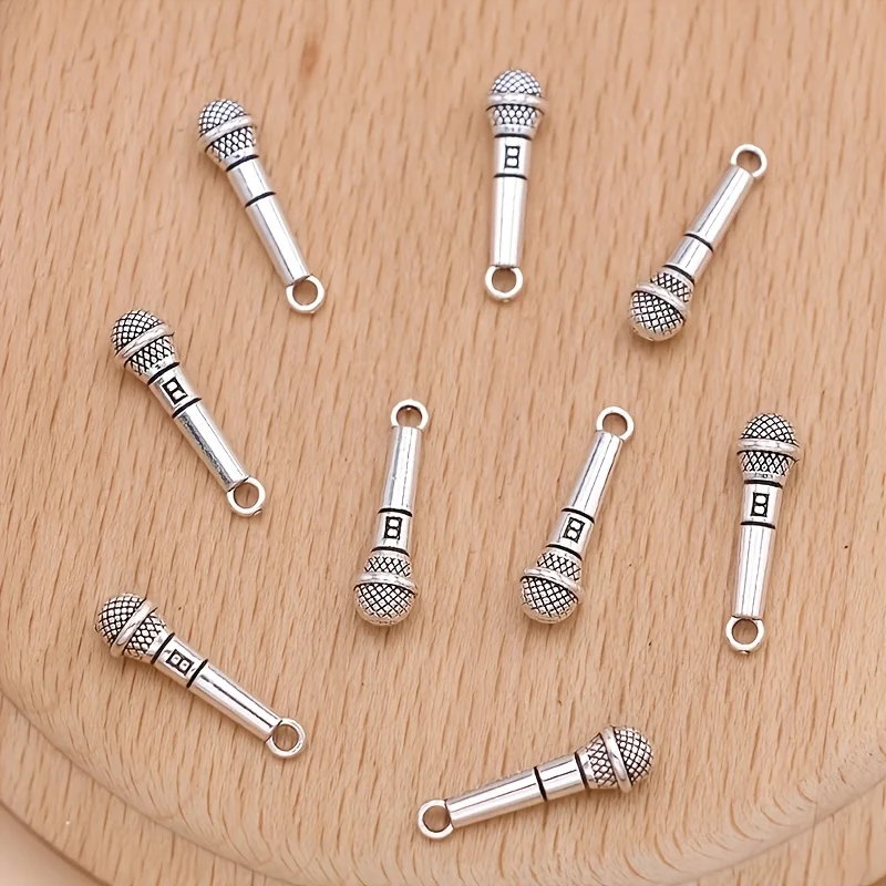 10Pcs Silvery3D Microphone Charms Music Theme Pendants DIY J