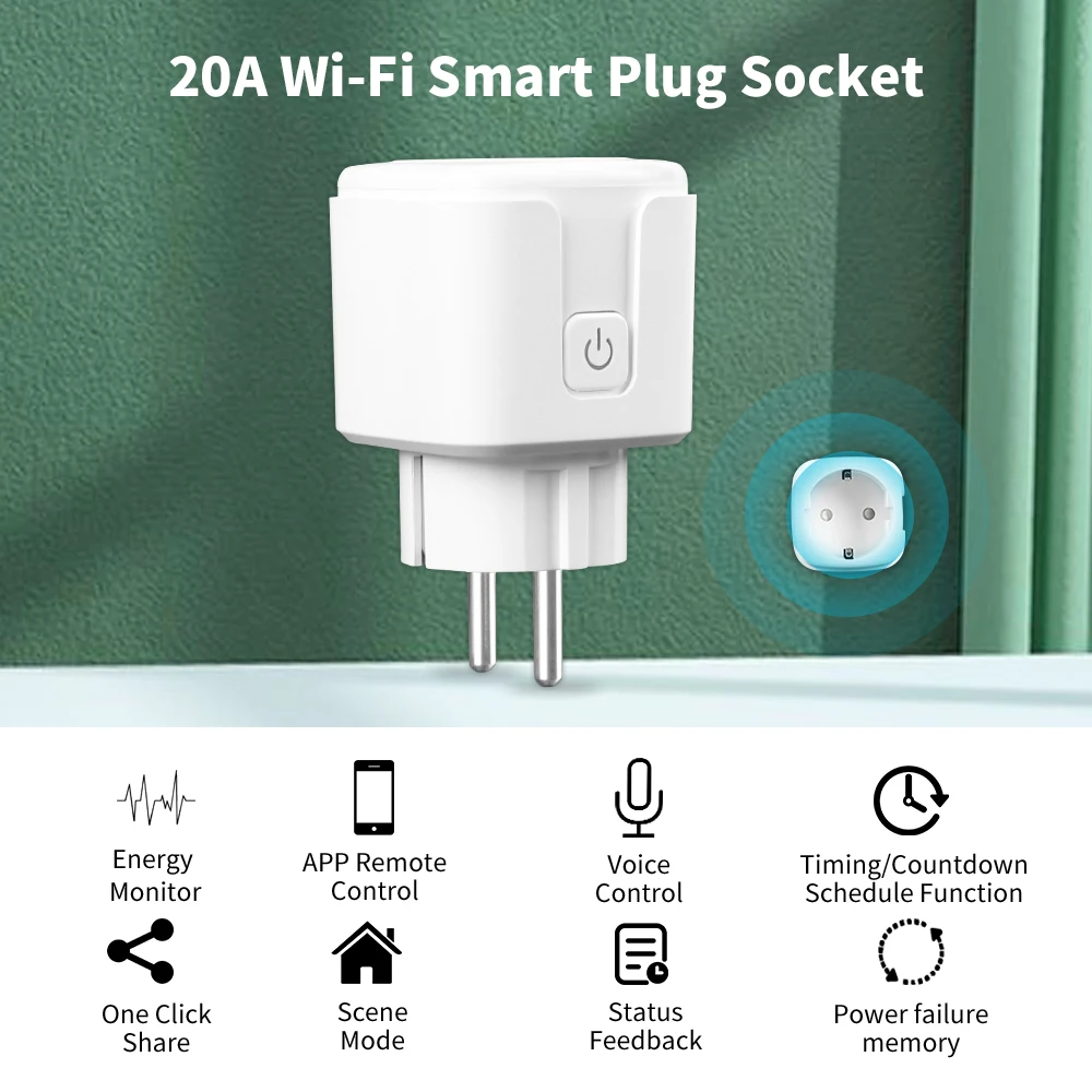 Tuya Smart Life Socket EU 20A Smart Wifi Plug with Power Monitor APP Remote Control Support Google Assistant Alexa Yandex Alice