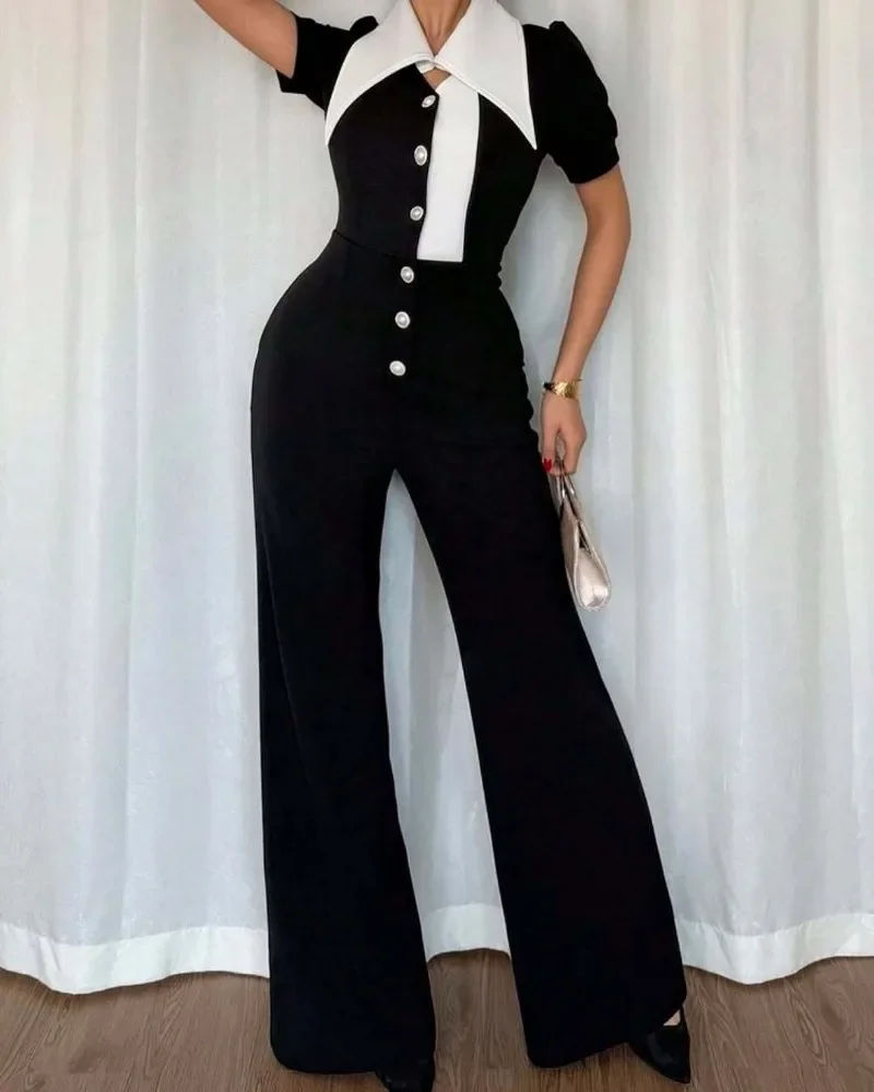 GUWU Summer Fashion Donna Puff Manica corta Patchwork Bowknot Button Fly Tute a gamba larga Street One Piece Suit Pagliaccetti