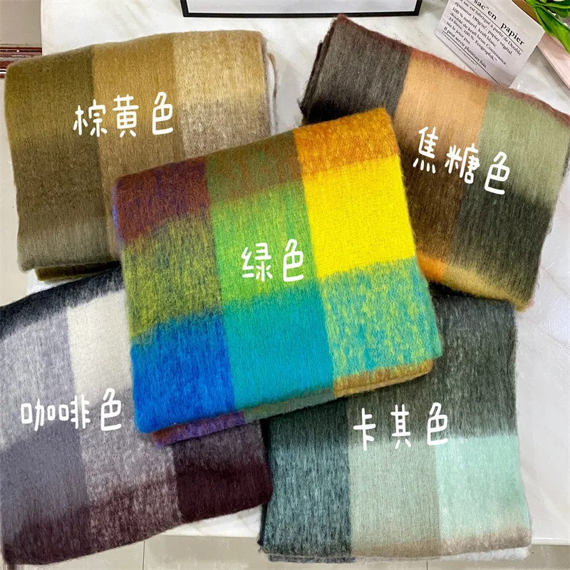 

2023 new letter warm rainbow colored checkered long women's scarf essential cold winter thick and warm sticky mohair outer shawl