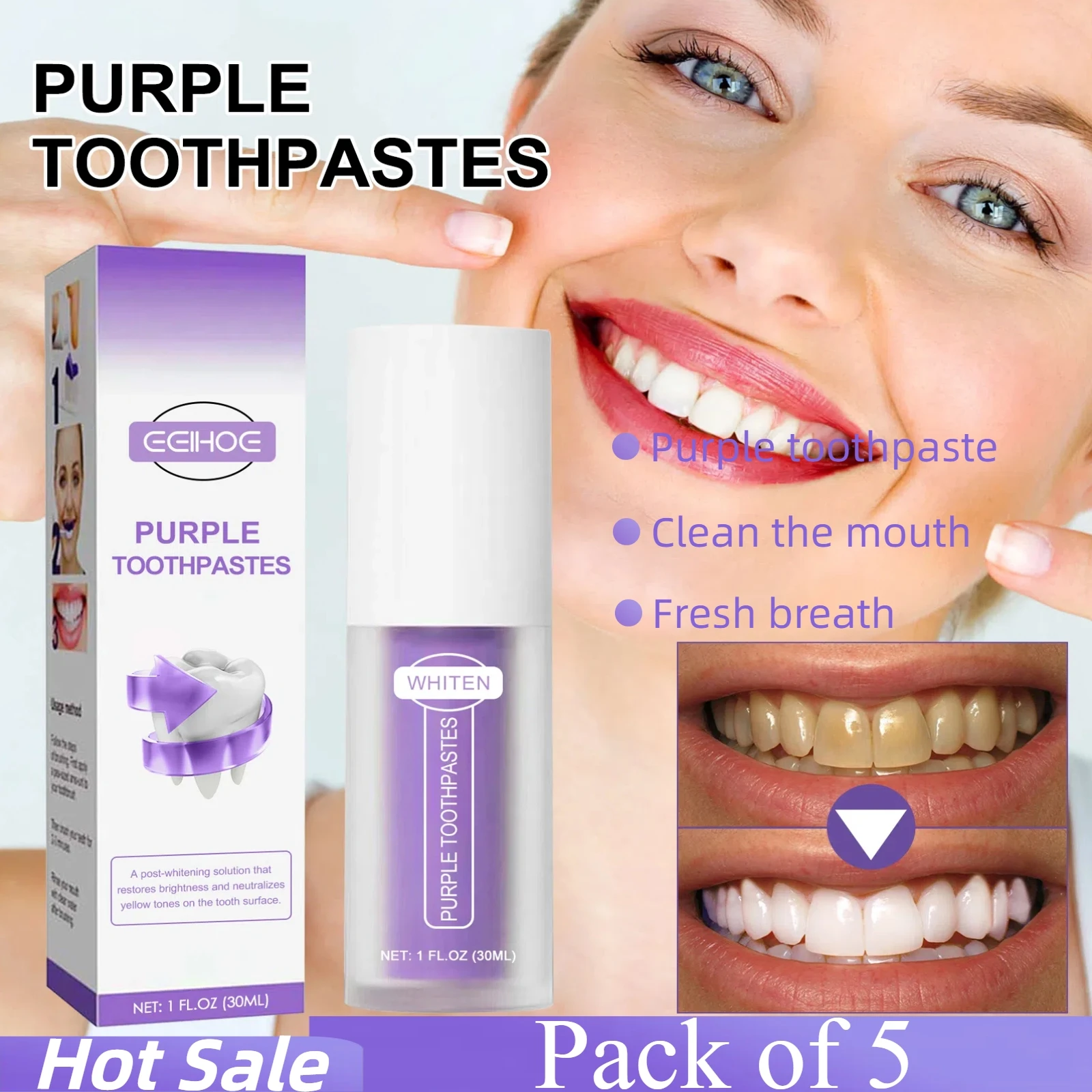 5PCS Eelhoeฟันไวท์เทนนิ่งยาสีฟันสีม่วงFresh BreathขจัดTartarฟันสีCorrectorปกป้องเหงือกOral Careผลิตภัณฑ์