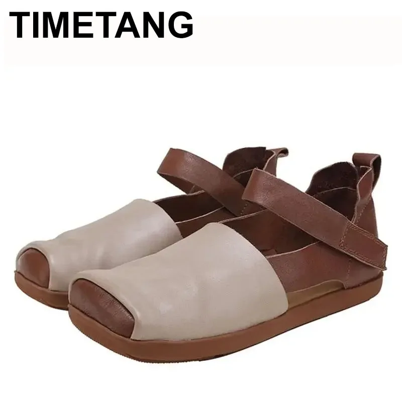 

2025 Genuine Leather Flats Women Shoes Spring New Retro Handmade Square Toe Soft Soles Comfortable Breathable Shoes