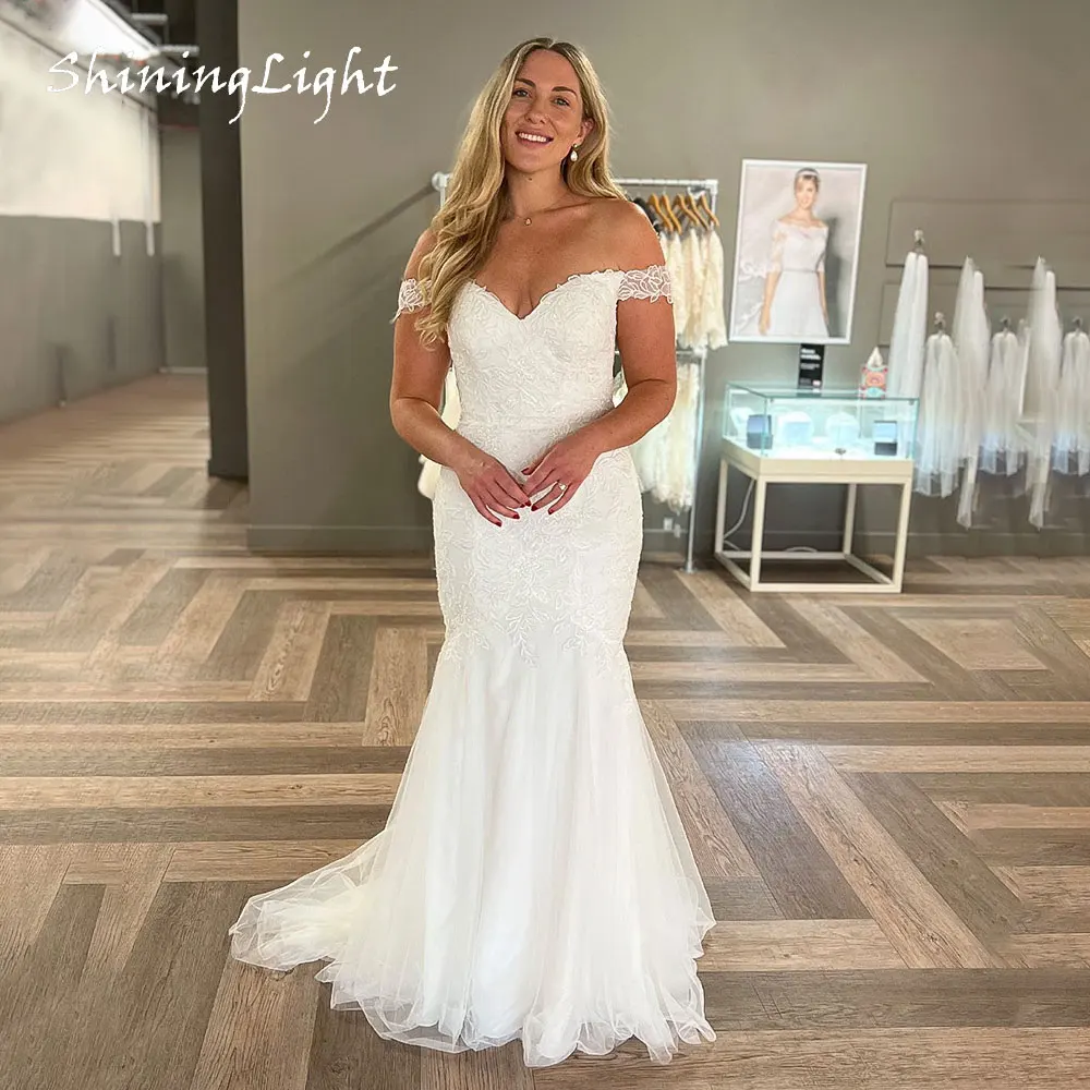 

ShiningLight Mermaid Off Shoulder Wedding Dresses Sweetheart Applique Lace Boho White Bridal Growns Vestidos De Novia Customized