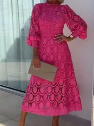 Stand Collar Fashion Loungewear Dress, Women Spring Summer Long Lantern Sleeve Party Dress, 2024 Hollow Out Elegant Ladies Dress