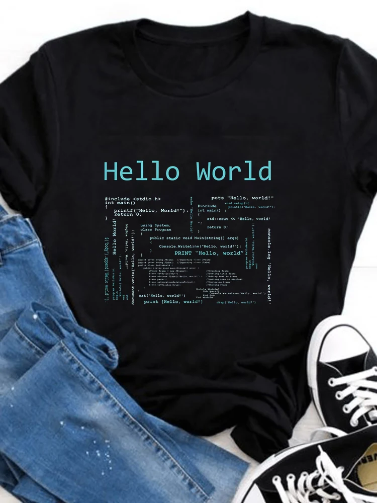 Camiseta De Hello World para mujer, camisa con estampado De cuello redondo, programación De Computadora, divertida