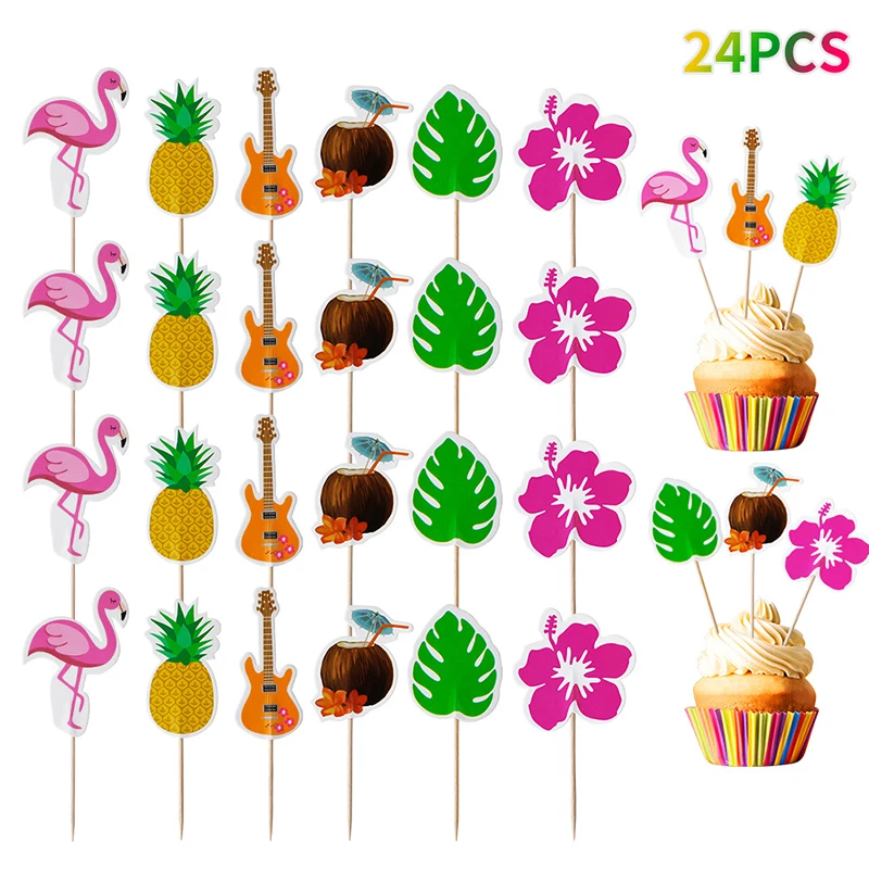 24 Stück hawaiianische Cupcake-Topper, Flamingo, Ananas, Palmblätter, Zahnstocher, tropischer Sommer, Strand, Geburtstag, Party, Kuchendekoration