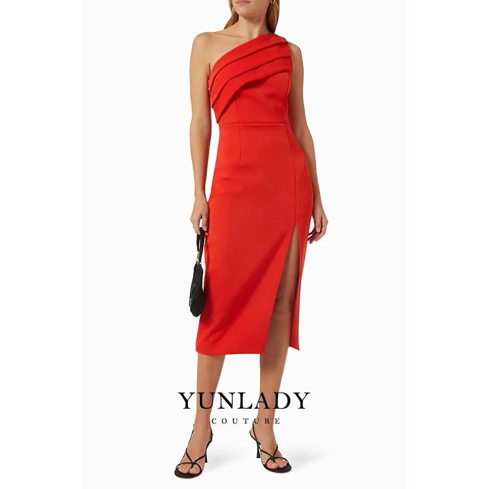 YUNLAN Gorgeous Dubai One Shoulder Sleeve Mother of the Bride Red Midi Evening Dress 2024 Elegant Ball Gown Slit Hip Party Dress