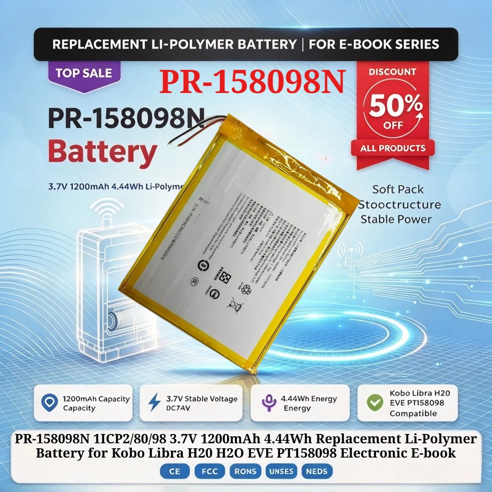 PR-158098N 1ICP2/80/98 3.7V 1200mAh 4.44Wh Replacement Li-Polymer Battery for Kobo Libra H20 H2O EVE PT158098 Electronic E-book