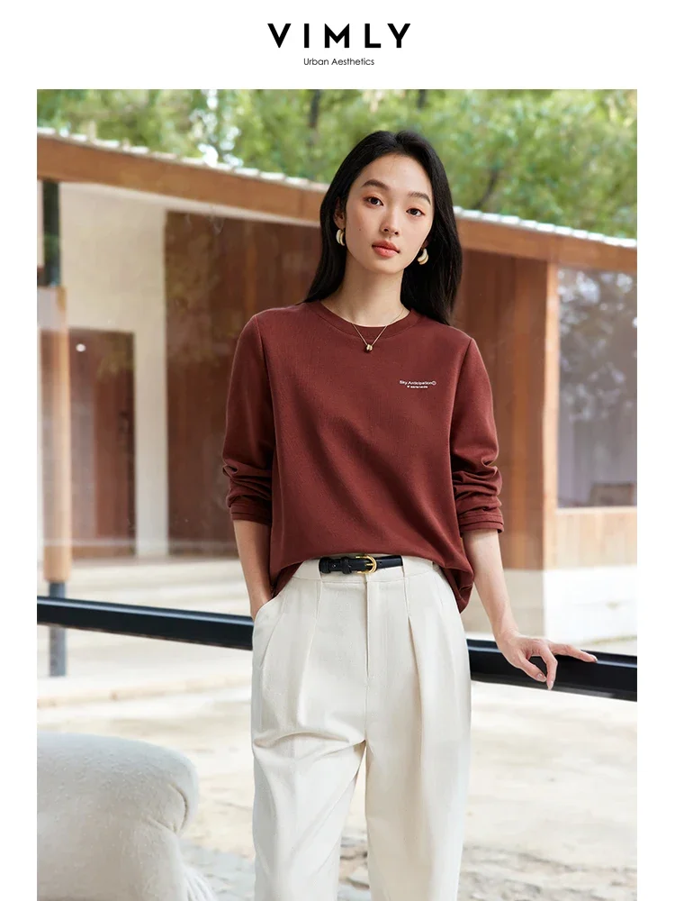 

VIMLY Women Simple Spring Tees Letter Print Casual Red Long Sleeve Tops Round Neck Female Office Lady T-Shirts New Year's Wear