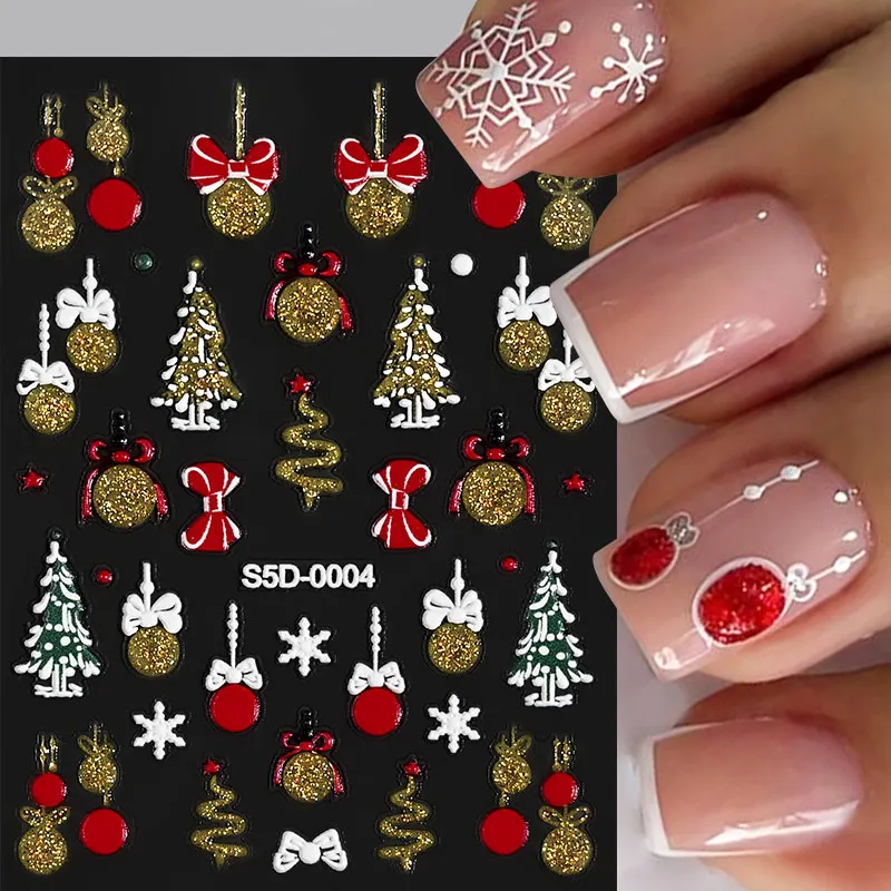 5d Reliëf Acryl Sneeuwvlok Bell Xmas Nail Sticker Goud Zilver Poeder Kerst Lijm Sliders Winter Nieuwjaar Nail Decals