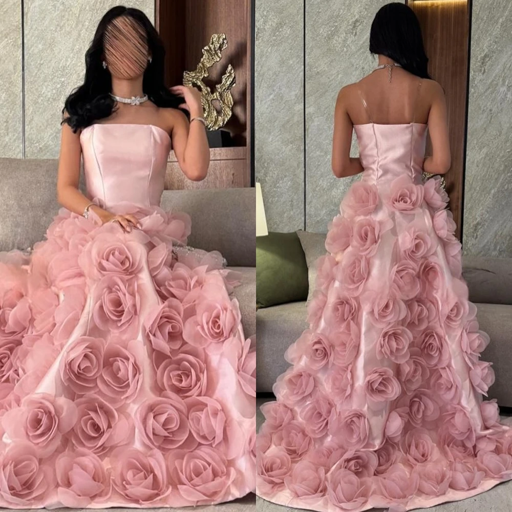 

Customized Formal pink Satin Evening Dress Graceful Strapless Sleeveless Party Dress Exquisite A-Line Flowers Celebrity Gowns
