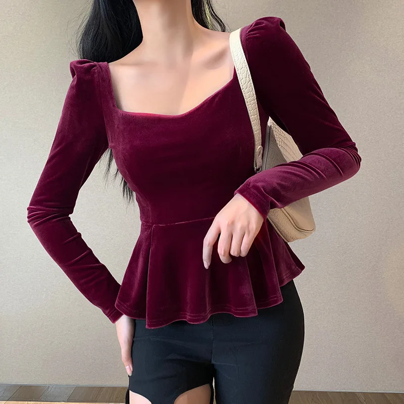 Slim-fit Temperament Top Fashion Square Neck Hem Long-sleeved Top Velvet Puff Sleeve Tight-fitting Ladies T-shirt Sexy Ladies
