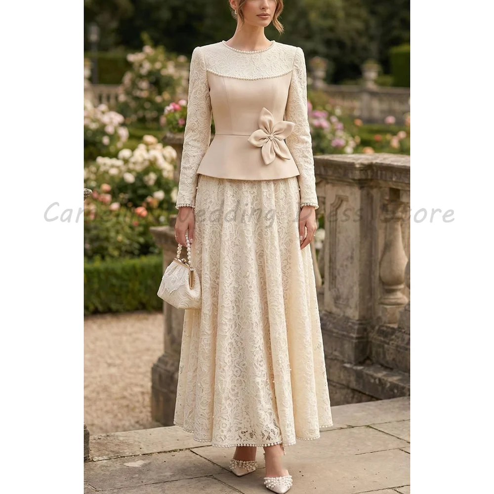 

Beige Long Sleeve Lace Formal Dress with Pearl Neckline 3D Flower Peplum Top A-Line Ankle Length Modest Evening Gown