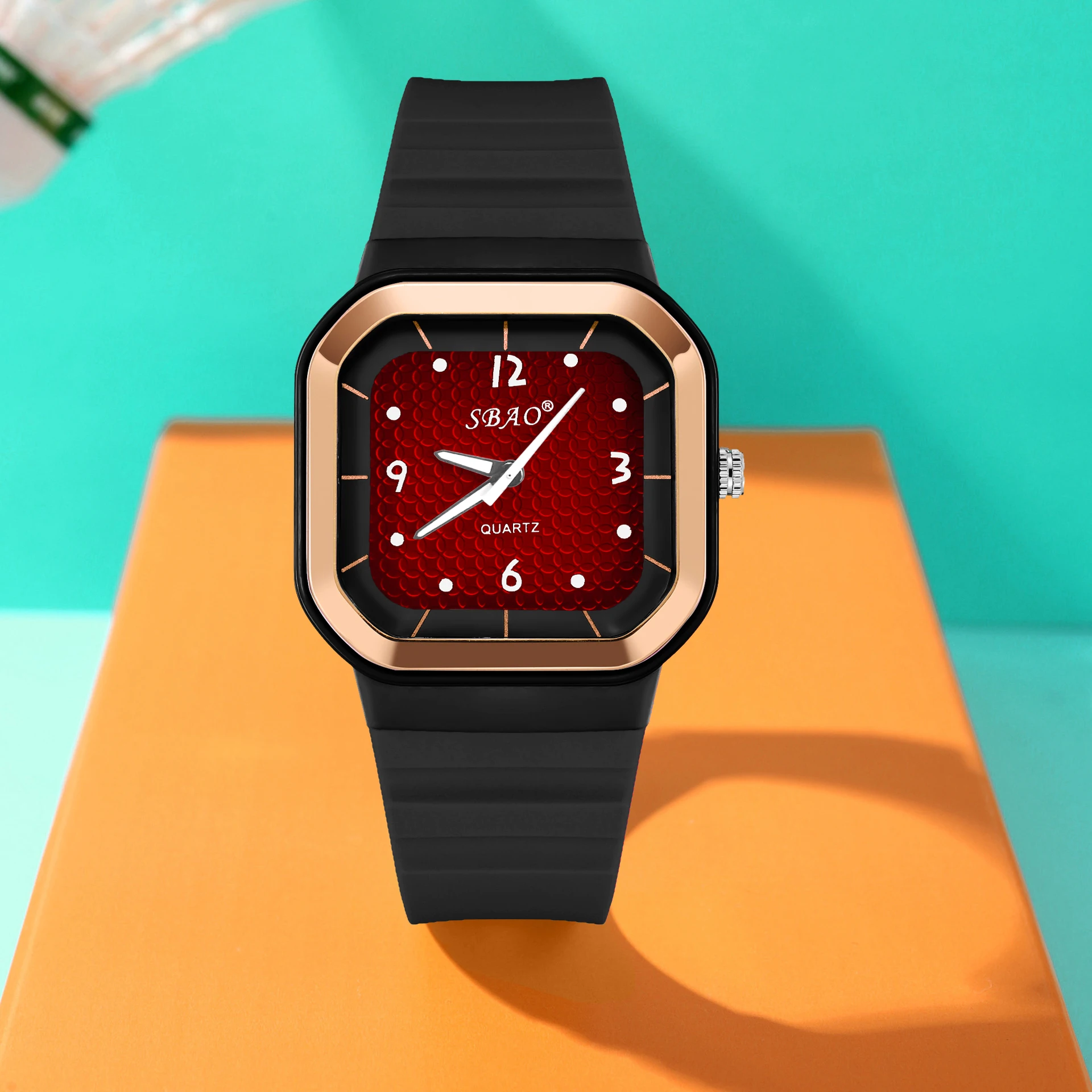 Trendy Square Dial Women Watch Teal Silicone Strap Rose Gold Bezel Analog Quartz Wristwatch Casual Waterproof Sport Wrist Clock