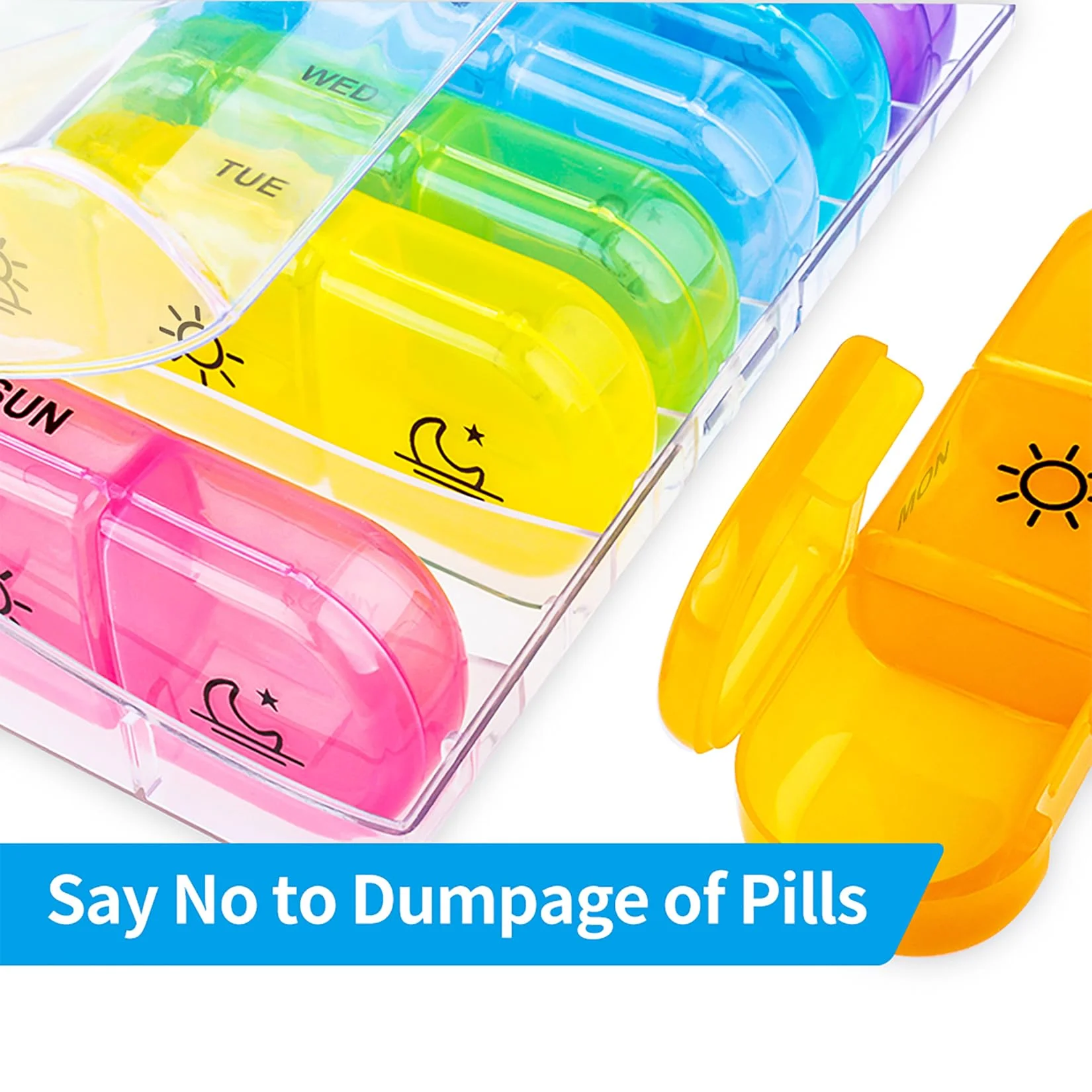 3-time daily pill storage box, 7-day compact pill box, wide open pill box, and sturdy design for managing your vitamins, fish oi