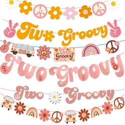 1SET Hippie Two Groovy Bohemian Rainbow Bus Flower Paper Banners For Kids Bohemian Hippie Birthday Party Decorations Supplies