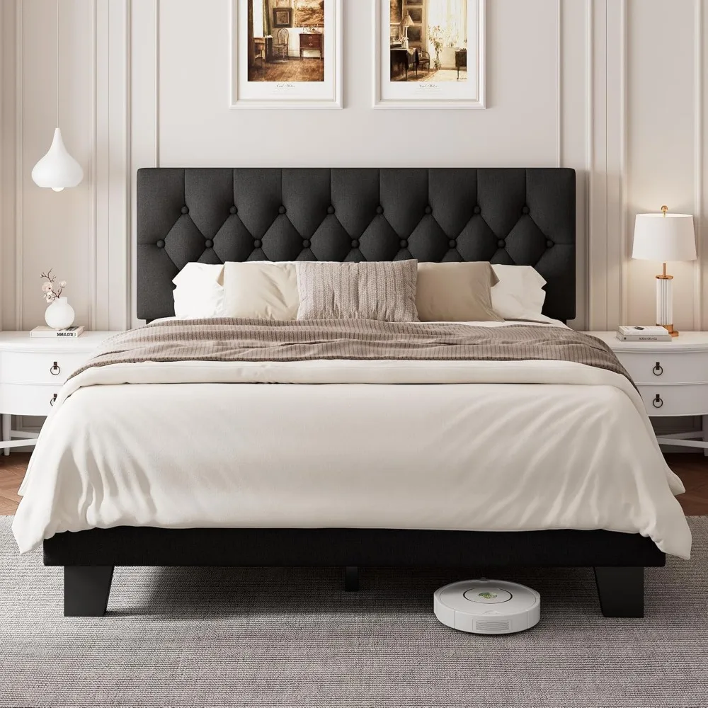 Full Upholstered Bed Frame with Headboard, Button Tufted Linen Bed Base, Platform Bed with Wood Slat, Heavy Duty, Easy Assembly,