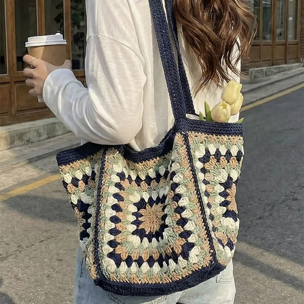 

Вязаная сумка в корейском стиле с ажурным плетением, однотонная сумка-тоут в этническом стиле, плетеная пляжная сумка для отпуска