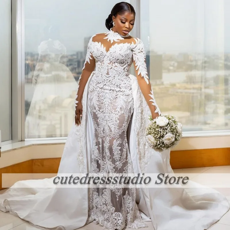 Vestidos de casamento sereia vintage com trem destacável renda apliques vestidos de noiva mulheres africanas vestidos de boda 2025 personalizado