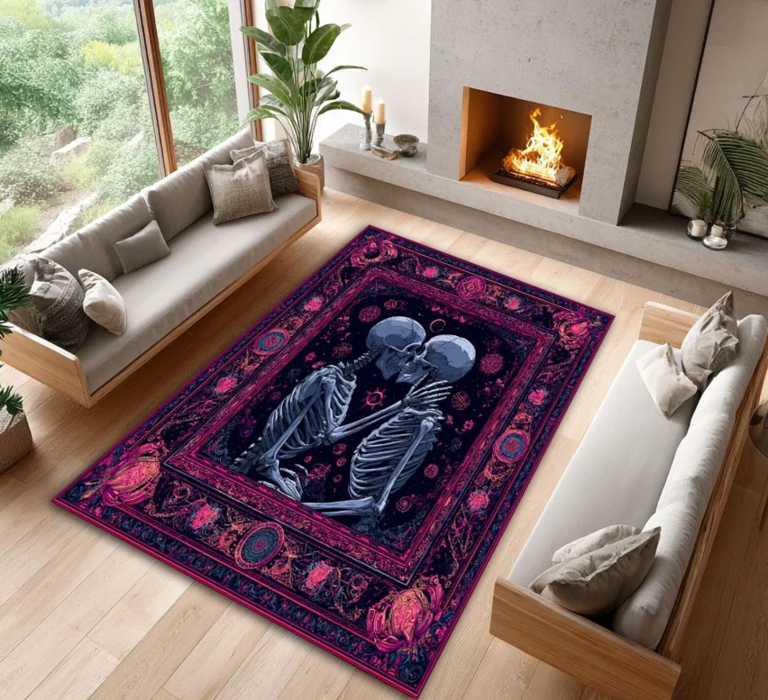 Gothic Skeleton Couple Rug Romantic Halloween Art, Spooky Home Decor Non-Slip Entryway Rug, Spooky Horror Front Door Decor Mat
