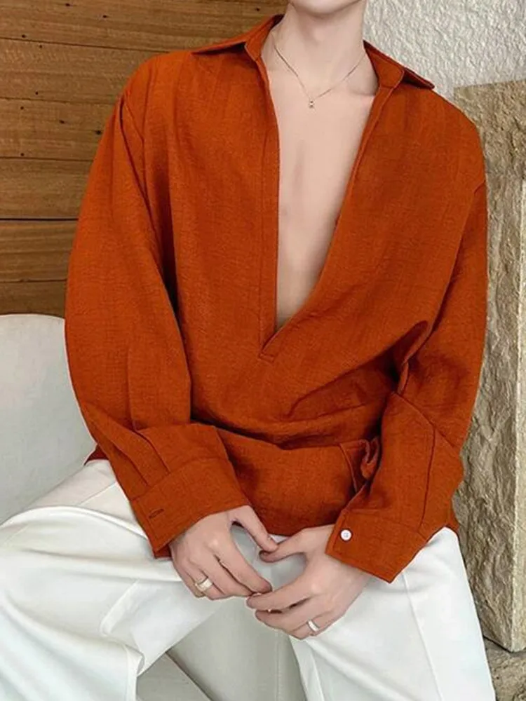 Shirt Men's Oversized Orange Textured Fabric Loose Long Sleeve Casual Streetwear Big V Collar Loose Blouse Top PBH1