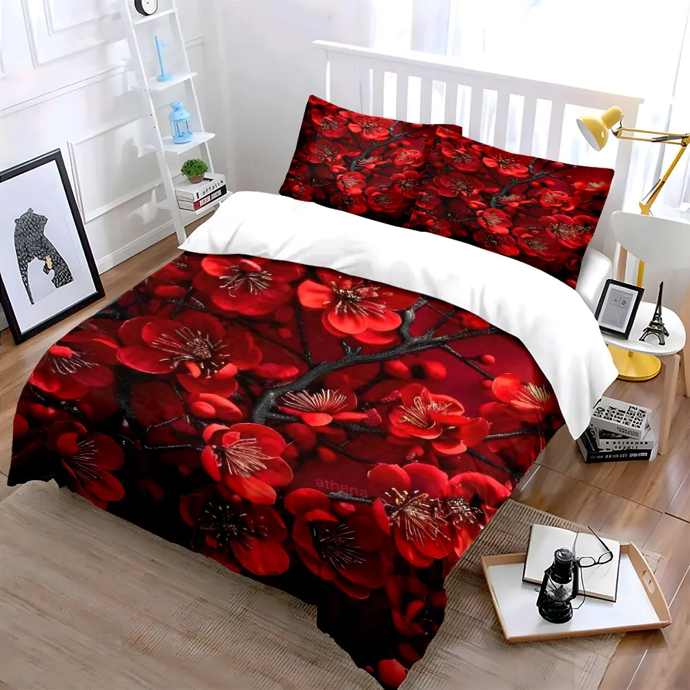 Vibrant red plum blossoms in bloom Duvet Cover Set with 3D Printing Design Soft Polyester Bedding Set All-Season Comfort