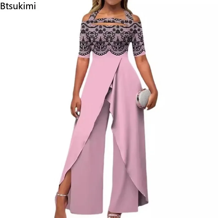 Eleganckie kombinezony dla kobiet 2024 Summer Sexy Off Shoulder Print High Wait Slim Fit Wide Leg Rompers Fashion Party Overalls Femme