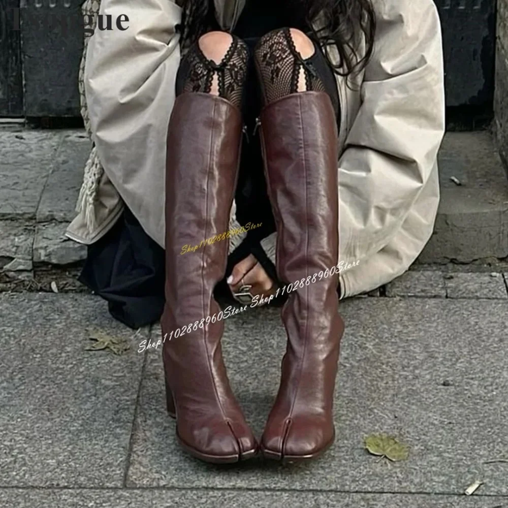 

Knee High Western Brown Matte Leather Tabi Boots Thick Heel Shoes For Women Side Zipper Split Toe Fashionable Occidental Boots