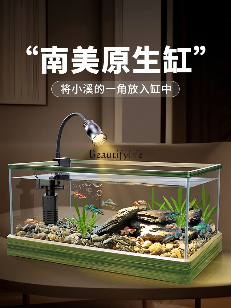 

yj9 Stream Tank Living Room Small Native Fish Tank Full Set of Landscape Super Clear Glass