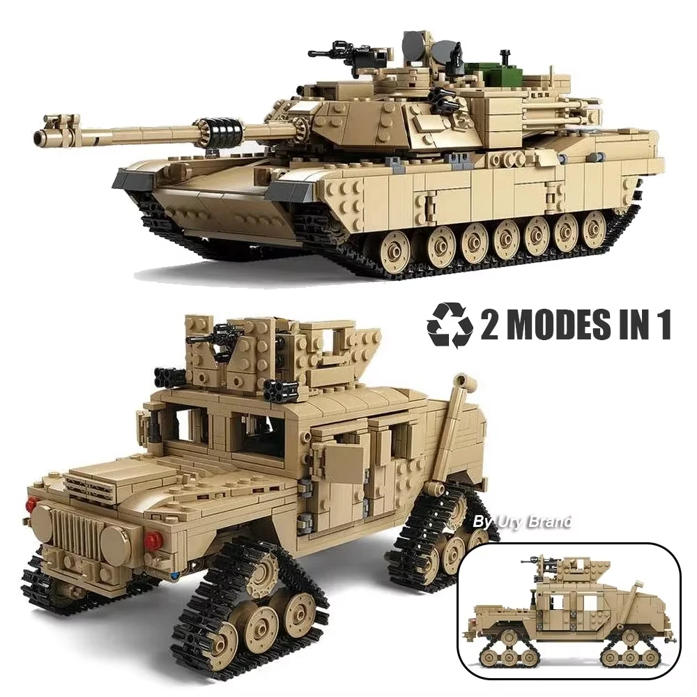 2in1 Military M1A2 Abrams MBT Tank Model Army Cannon Chariot Set Soldier Figures DIY Building Blocks Toys for Gift
