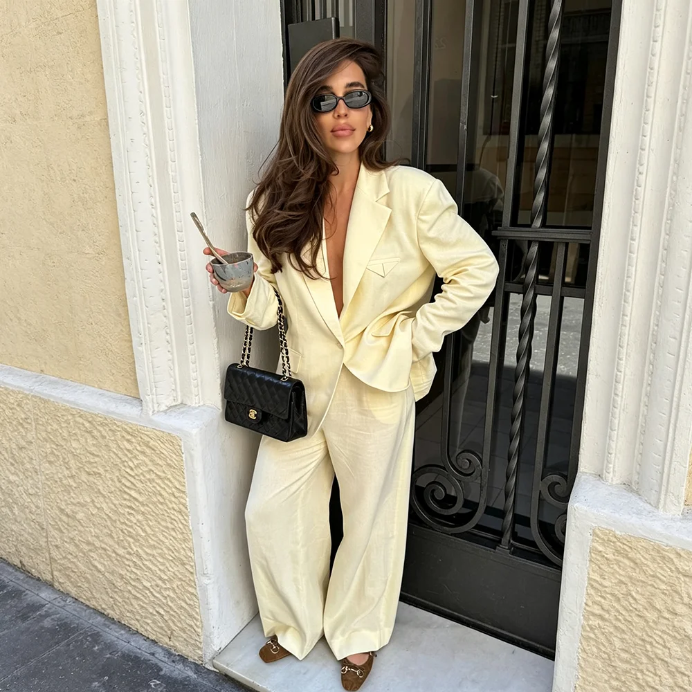 Light Yellow 2 Piece Set For Women Elegant V Neck Jacket Wide Leg Pants Smart Casual High Waist Matching Outfits Conjuntos