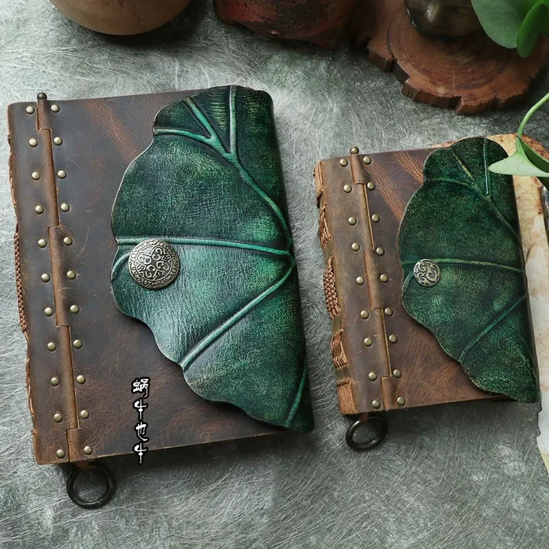 First layer cowhide original leather diary handmade leather thread ancient magic nostalgic snap lotus leaf notepad