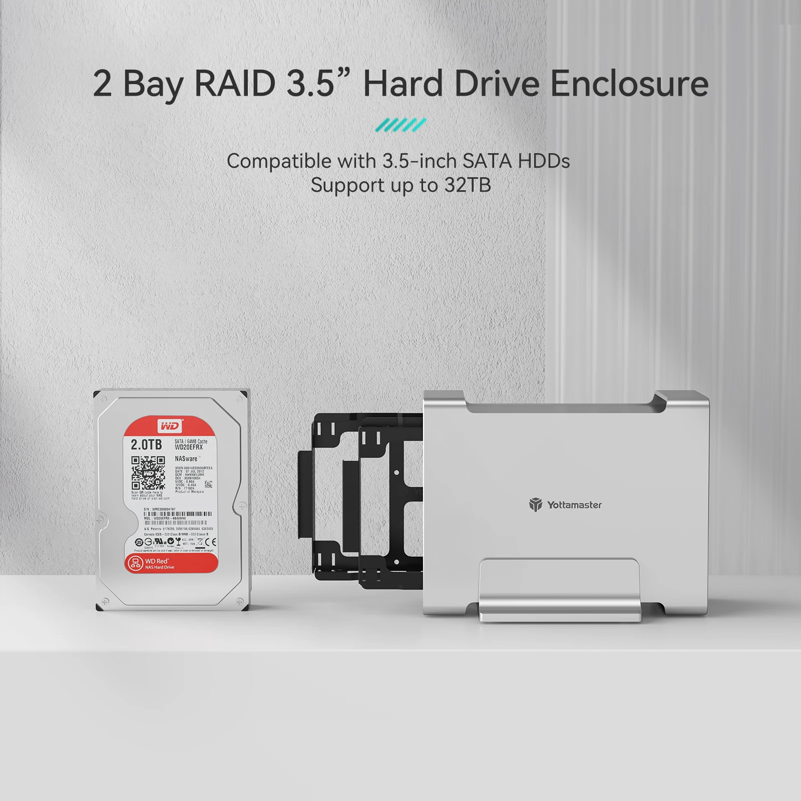 Yottamaster Dual Bay RAID External Hard Drive Enclosure 3.5 inch HDD Case SATA3.0 to Type C SSD Enclosure Adapter Support 16TB*2