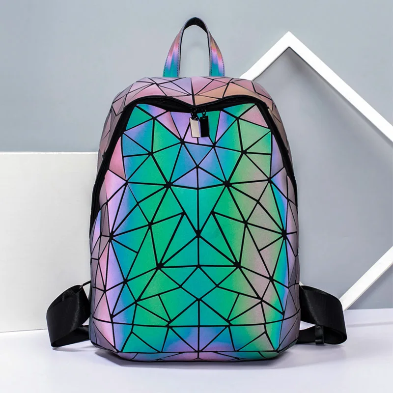 Zaino da donna luminoso alla moda/zaino pieghevole olografico con rombo geometrico/zainetto per studenti adolescenti per viaggi all\'aperto