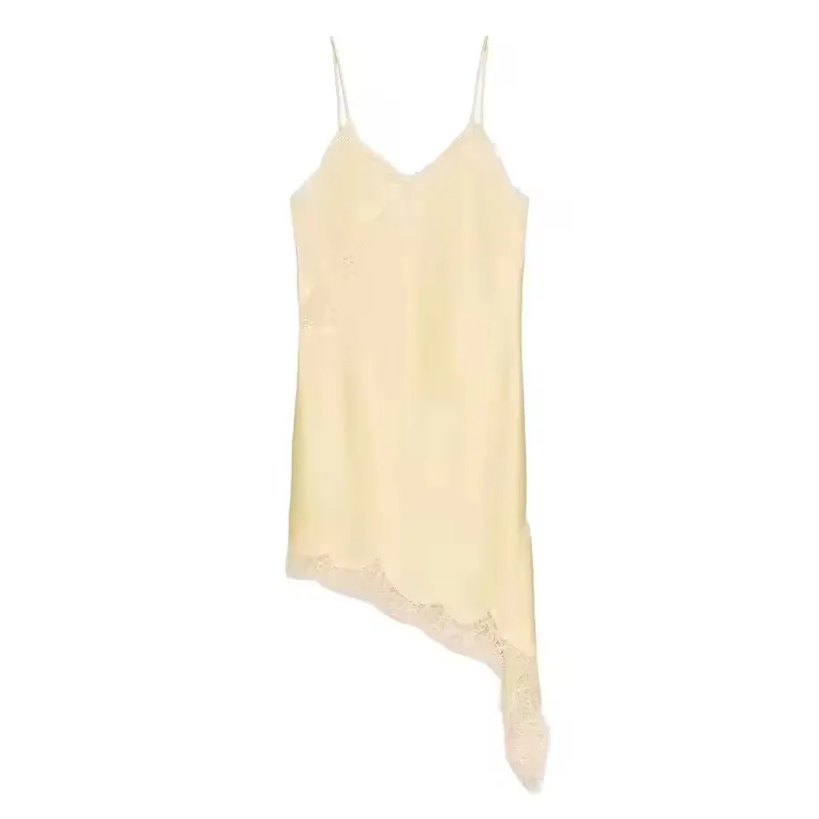 Femmes Sexy dentelle col en V robes été solide sans manches asymétrie robe dos nu mince femmes fête fronde Mini robe