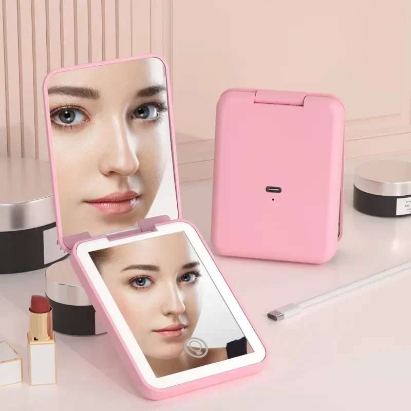 Rechargeable Square Makeup Mirror with Led Lights 2x Magnification Mirror Compact Vanity Mirrors Make Up Tools Gifts for Girl