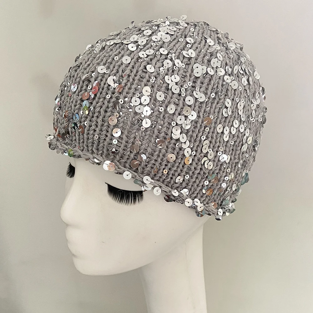 Women Girl Winter Fashion Sparkling Sequins Beanies Radiant Knit Skullies Caps Grey Black Beige Pink Shiny Hats Kids Adults Caps