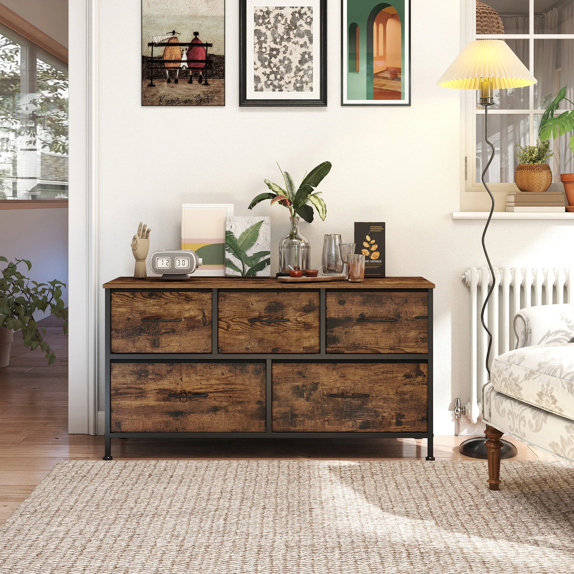 SONGMICS Drawer Dresser, Chest of Drawers, 5 Non-Woven Fabric Drawers, for Bedroom, Closet, Rustic Brown and Black