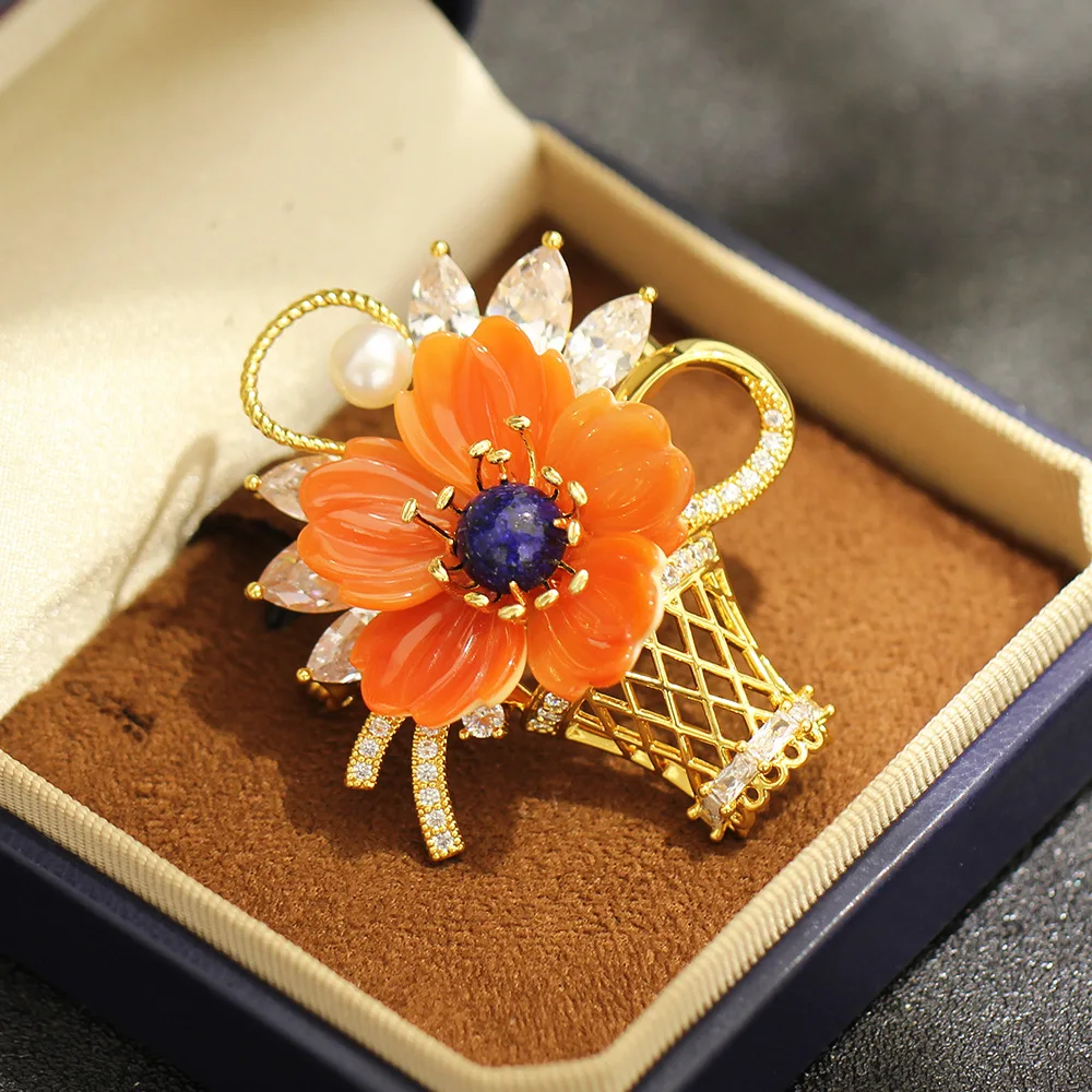 New Flower Basket Brooch Natural Mother of Pearl Orange Flower Lapis Lazuli Pearl Zircon High-end Suit Coat Accessory for Women