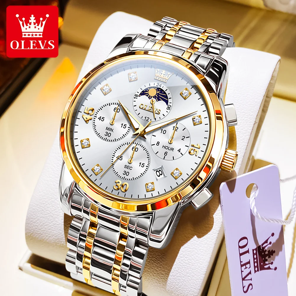

OLEVS 3652 Original Quartz Watches for Men Moon Phase Chronograph Luminous Waterproof Auto Date Classic Business Man Wristwatch