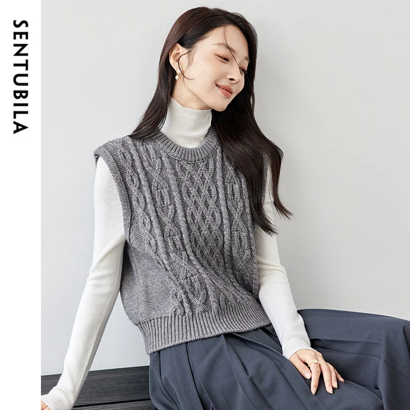 

SENTUBILA Casual Round Neck Sweater Vest Women 2024 Winter Loose Sleeveless Simple Knitted Vest Women Clothing W44J57465