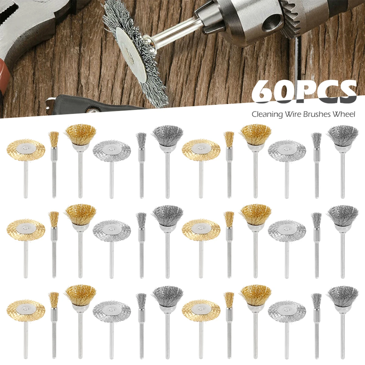 

60PCS/Set Copper Stainless Steel Wire Brush Wheel Cup Brush Set with 3 Sizes Wire Drill Brush Set Cleaning Deburring Tool