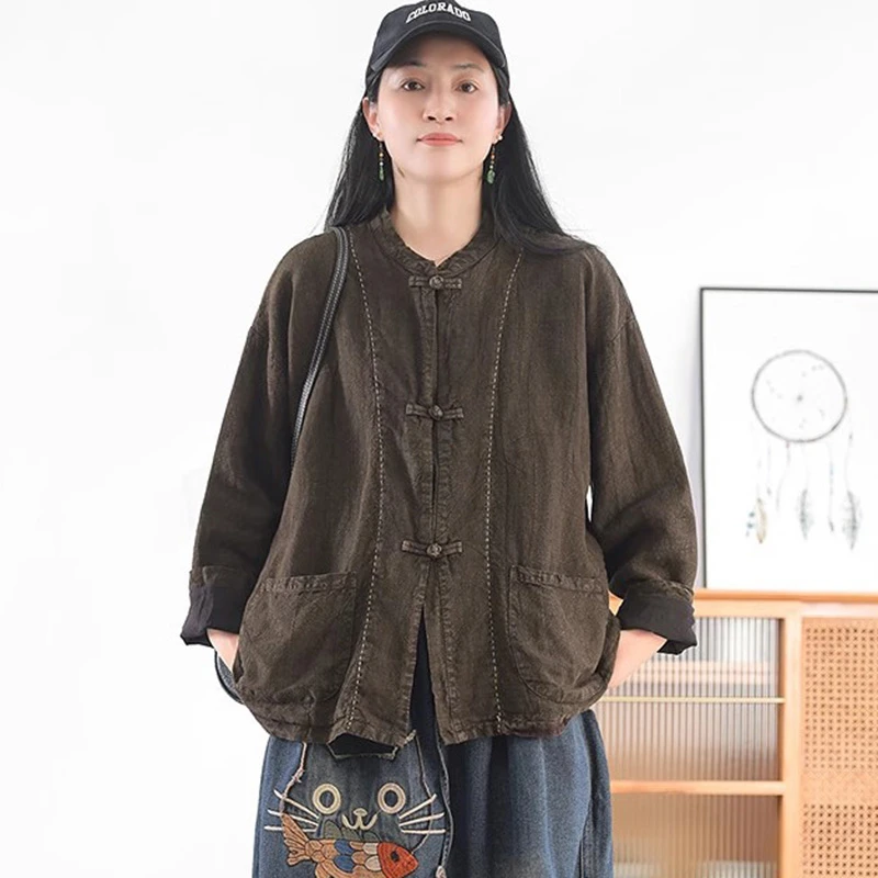 중국 스타일 여성 긴팔 린넨 셔츠 신상 2025 가을 빈티지 스탠드 칼라 루즈핏 여성 캐주얼 탑 셔츠 T699