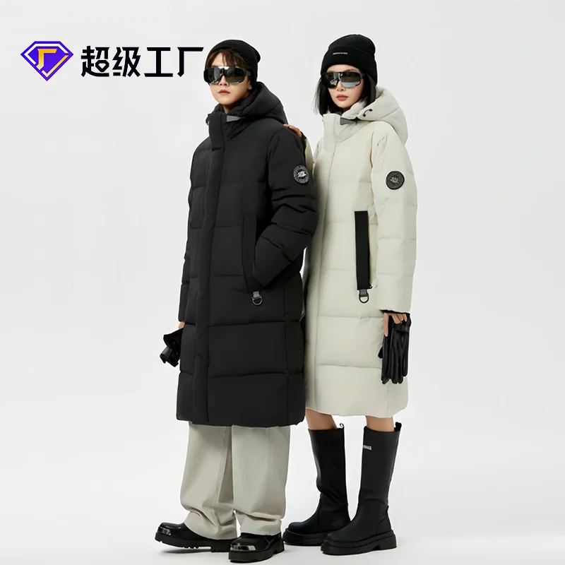 Lock temperature technology  waterproof long down jacket four-layer anti-down liner thickened hooded white duck down knee jacket