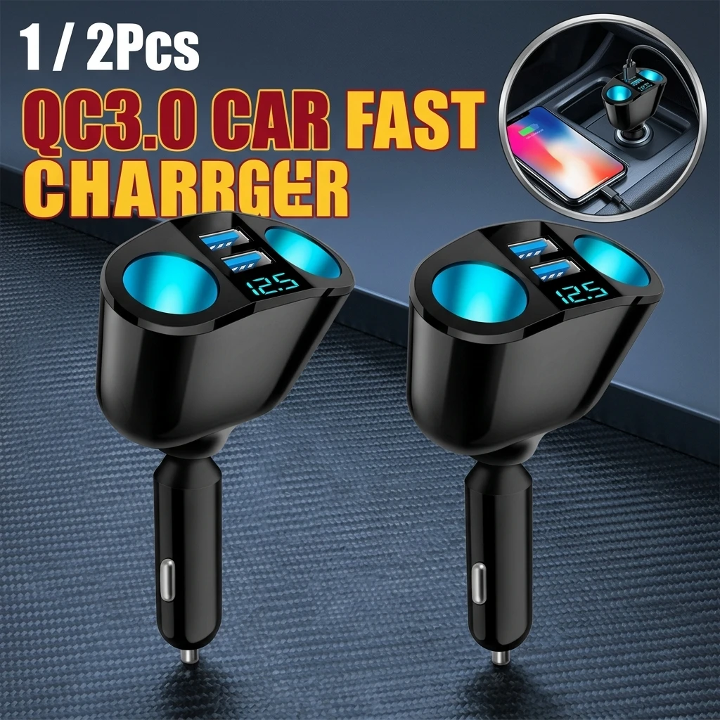 Car Cigarette Lighter 12V-24V Socket Splitter Blue Atmosphere Light PD QC3.0 2 USB Charger C Ports For Mobile Phone DVR Chargers